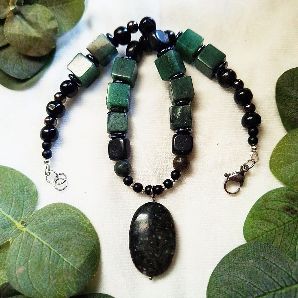 Whimsigoth Beach Jasper Pendant Necklace: Aventurine, Jade & Agate Gemstone